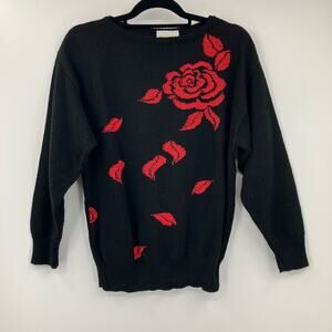 Vintage Carriage Court Black Red Metallic Rose Petal Knit Crew Neck Sweater Top